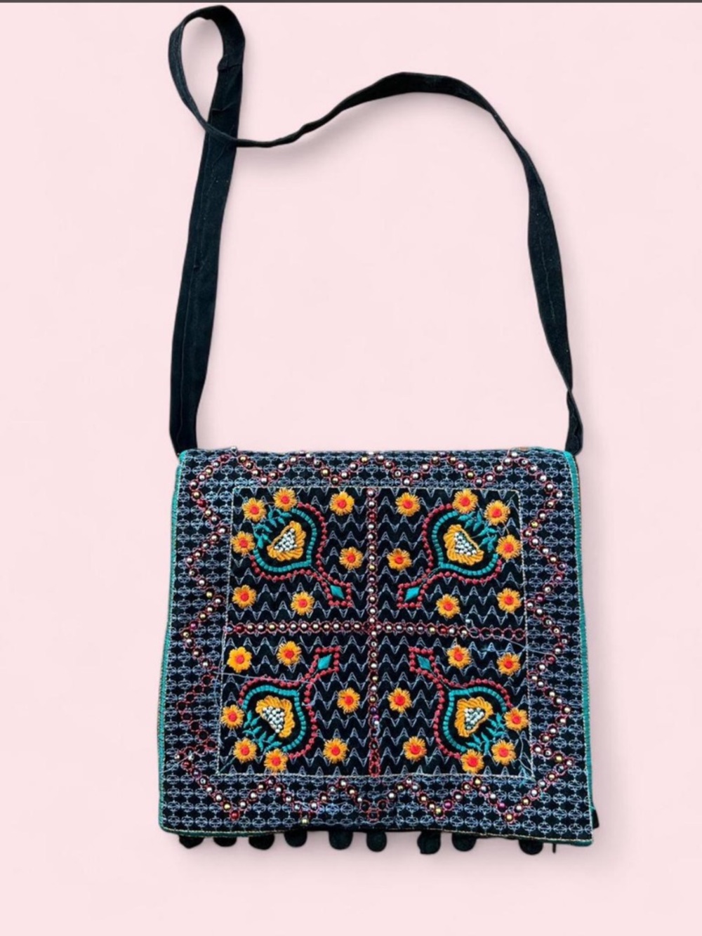 Vintage Black Embroidered Crossbody Bag with Yellow & Teal Accents